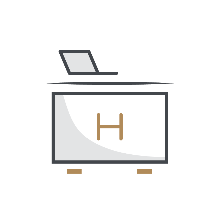 Icono de recepción compuesto por un mostrador con la letra H de hostel.