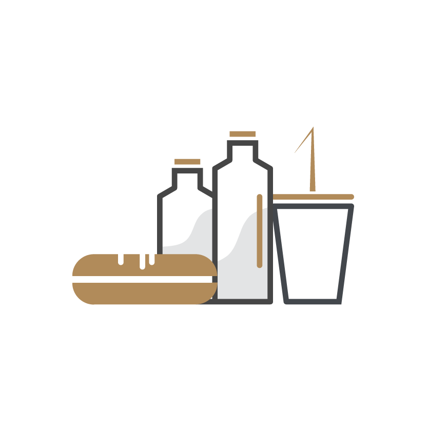 Icono de snacks compuesto por dos botellas, un vaso y un bocadillo.
